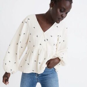 Madewell Tiny Bows Lightspun Peplum Faux Wrap Shirt V-Neck Top Long Sleeves XS